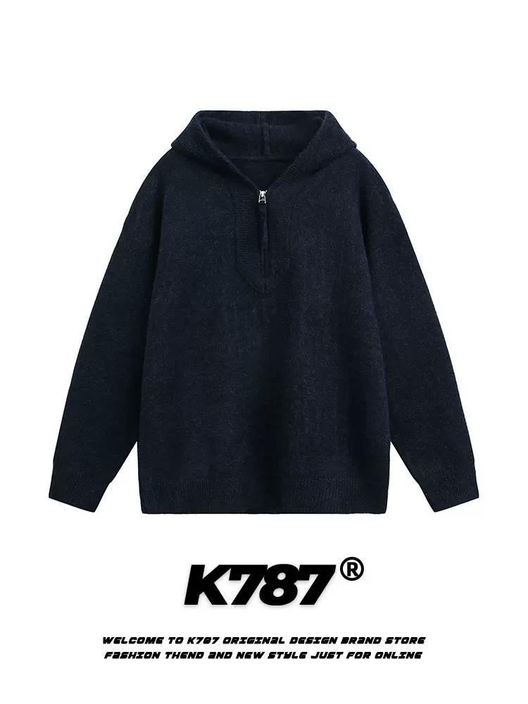 Áo len dệt kim có mũ nửa khóa kéo kiểu Mỹ cổ điển K787 dành cho nam và nữ, áo hoodie phong cách giản dị thoải mái mùa thu.