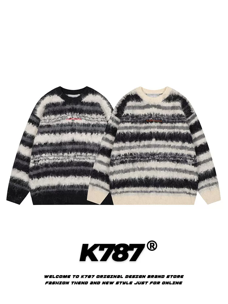 Áo len dệt kim sọc dày phong cách lười biếng unisex K787 chất liệu mohair, kiểu dáng retro Mỹ, xu hướng mùa đông 2024, thương hiệu thời trang, áo đôi
