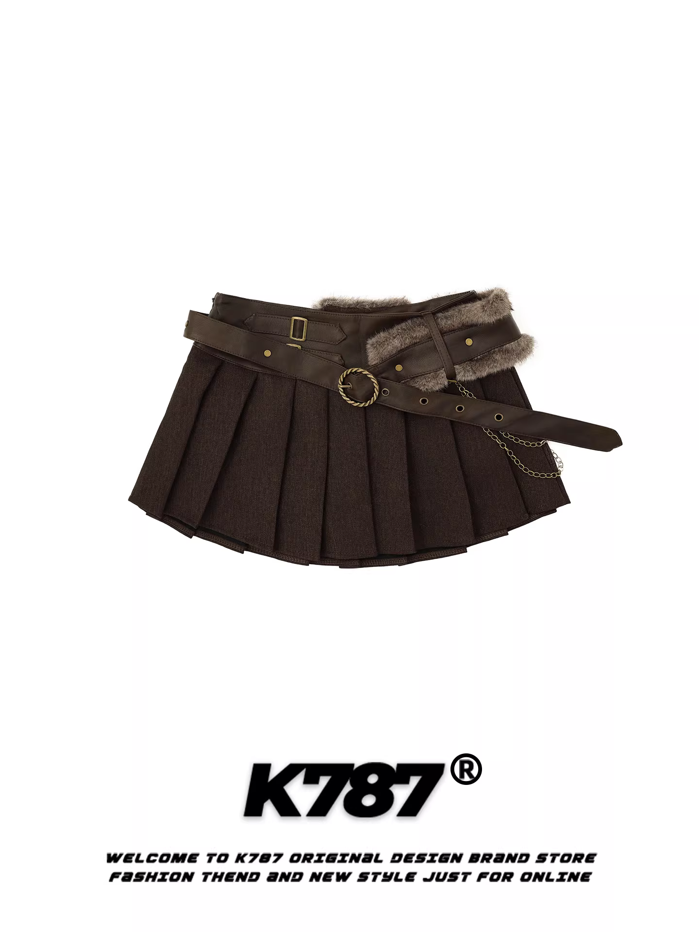 Váy ngắn xếp ly dáng chữ A màu cà phê, chất liệu da kiểu Mỹ cổ điển K787 dành cho nữ, cạp cao, tôn dáng, giảm tuổi tác.