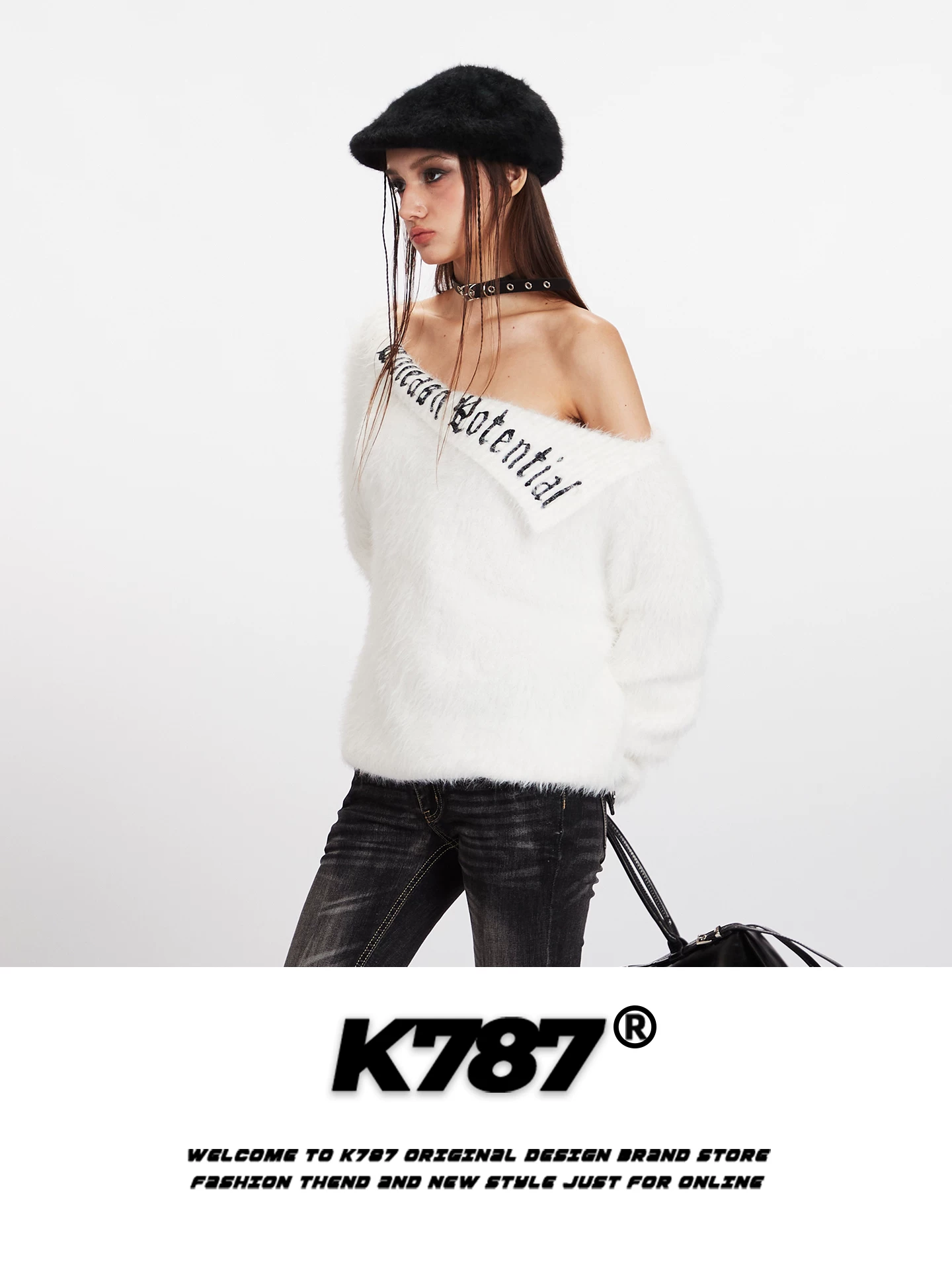 Áo len trễ vai giả mohair kiểu Mỹ K787 dành cho nữ, mềm mại và trẻ trung, tôn dáng, ấm áp, áo len ngắn hở vai