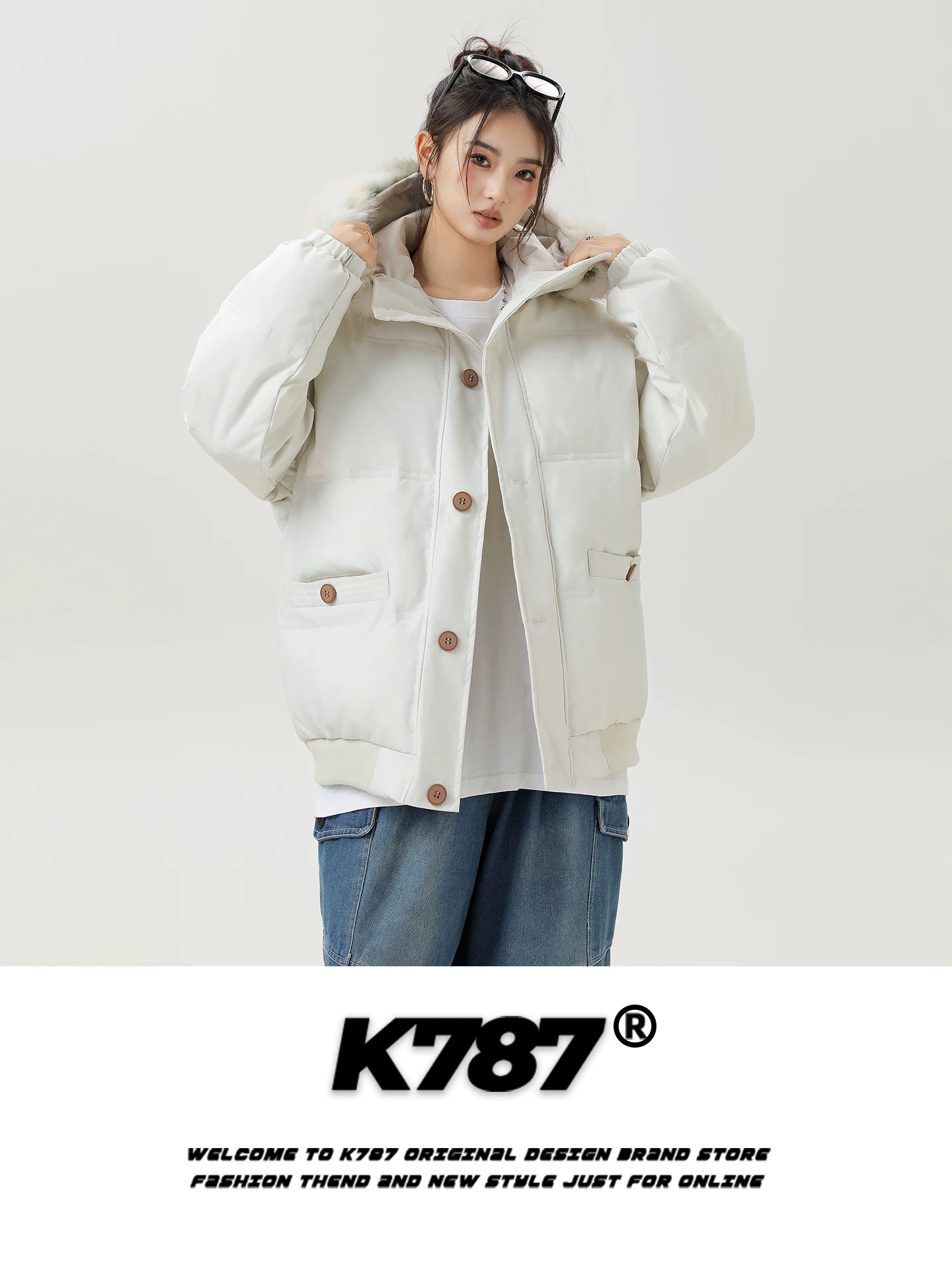 Áo khoác cotton có mũ trùm đầu, cổ lông thú, kiểu dáng retro Mỹ, thương hiệu K787, dành cho nam và nữ, dáng rộng, dày dặn, ấm áp, áo khoác cotton mùa đông dành cho cặp đôi.