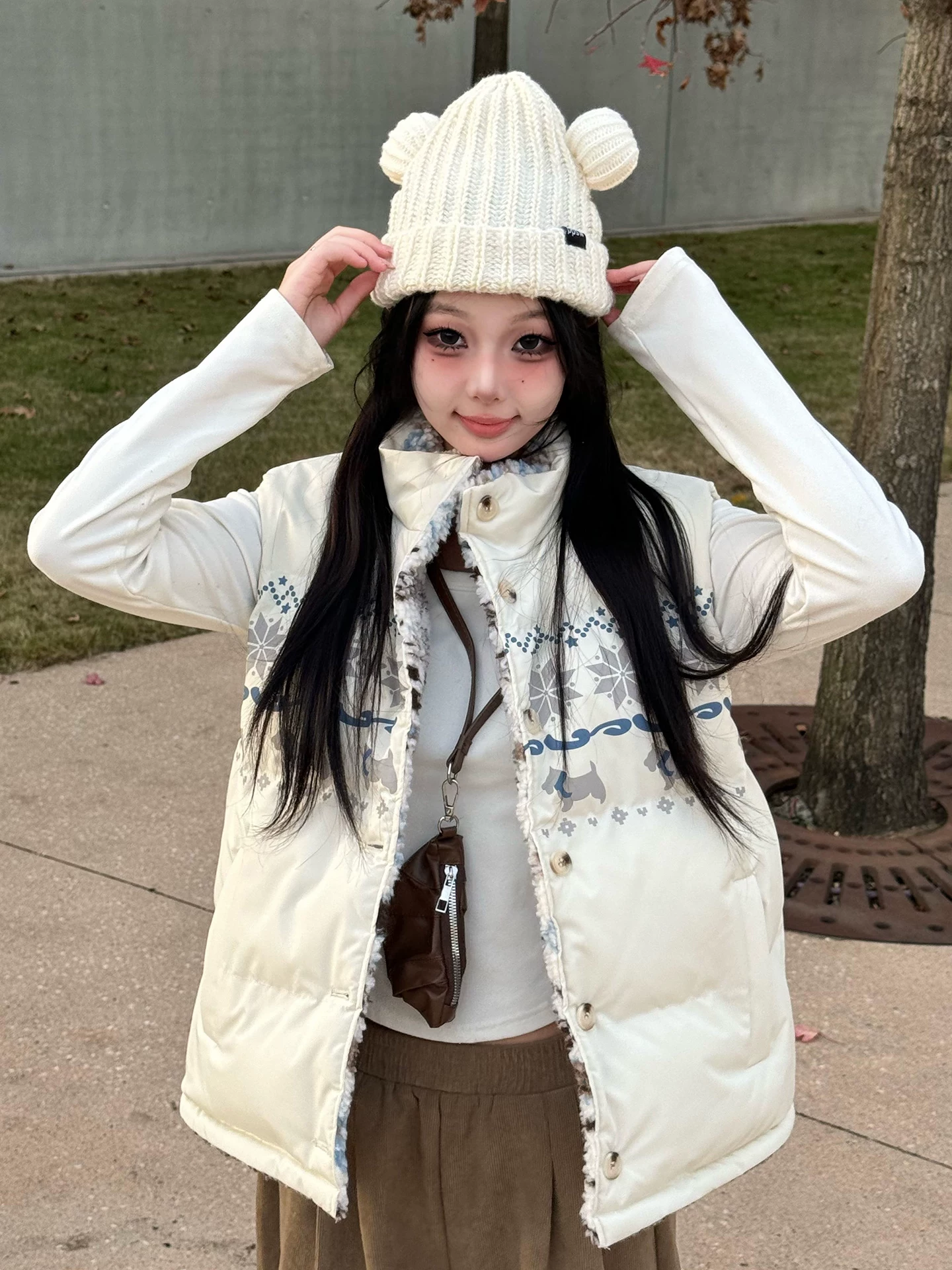 Áo vest K787 kiểu Mỹ cổ điển Fair Isle có thể mặc hai mặt dành cho nam và nữ, phối màu, dày dặn, ấm áp, họa tiết bông tuyết chó, thích hợp cho mùa đông.