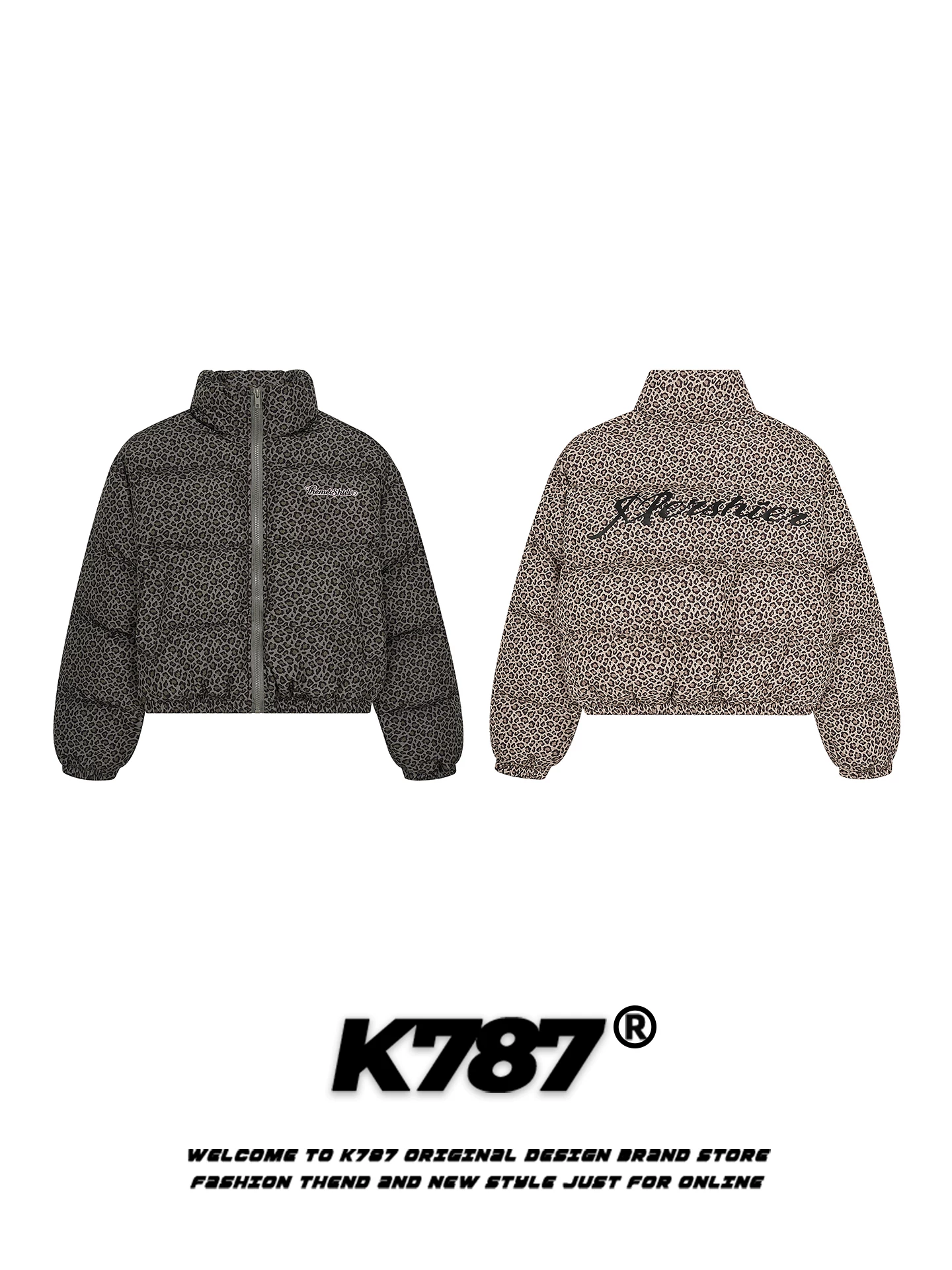 Áo khoác cotton dày dặn cổ đứng họa tiết da báo retro Mỹ K787 dành cho nữ, dáng rộng, dày dặn, ấm áp, phong cách thường ngày, áo khoác mùa đông 2025.