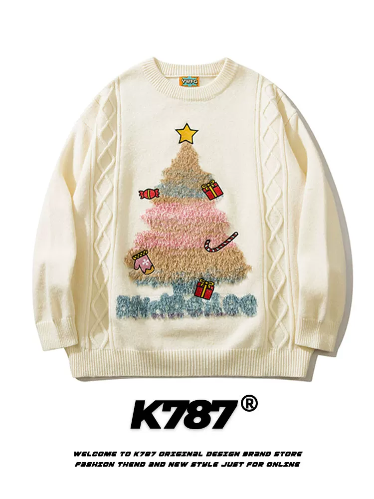 K787 không khí lễ hội Cây thông Noel màu đỏ thêu ngôi sao dệt kim unisex Áo len cặp đôi phong cách retro Mỹ