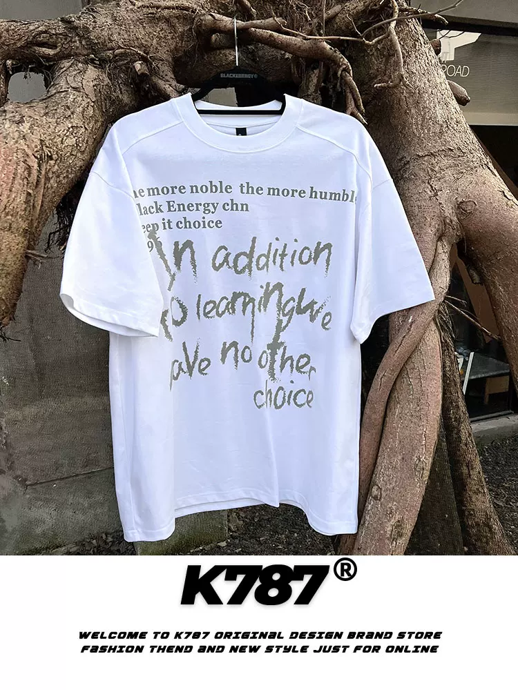 K787 Áo thun ngắn tay phong cách retro Mỹ graffiti unisex cleanfit giản dị theo xu hướng quốc gia áo thun ngắn tay đa năng