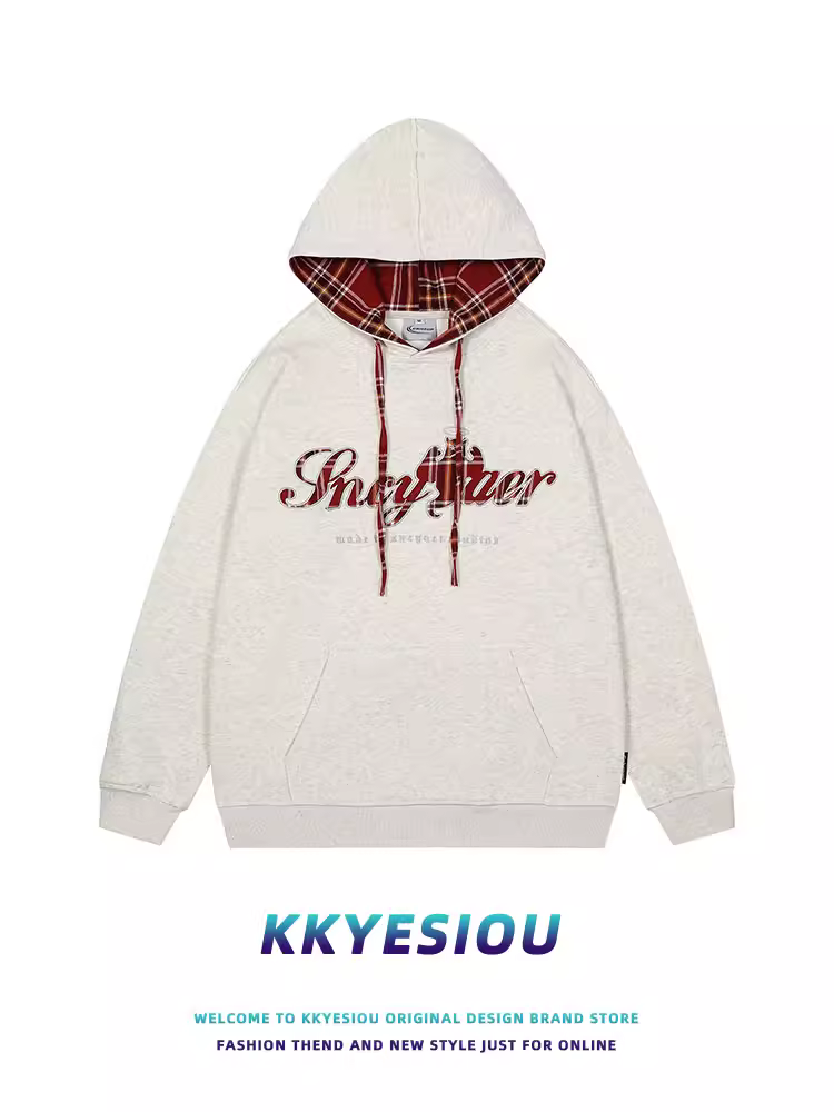 Áo khoác có mũ trùm đầu thêu chữ cổ điển kiểu Mỹ KKyesiou dành cho nam và nữ, kiểu dáng rộng, phối họa tiết kẻ caro, dành cho cặp đôi