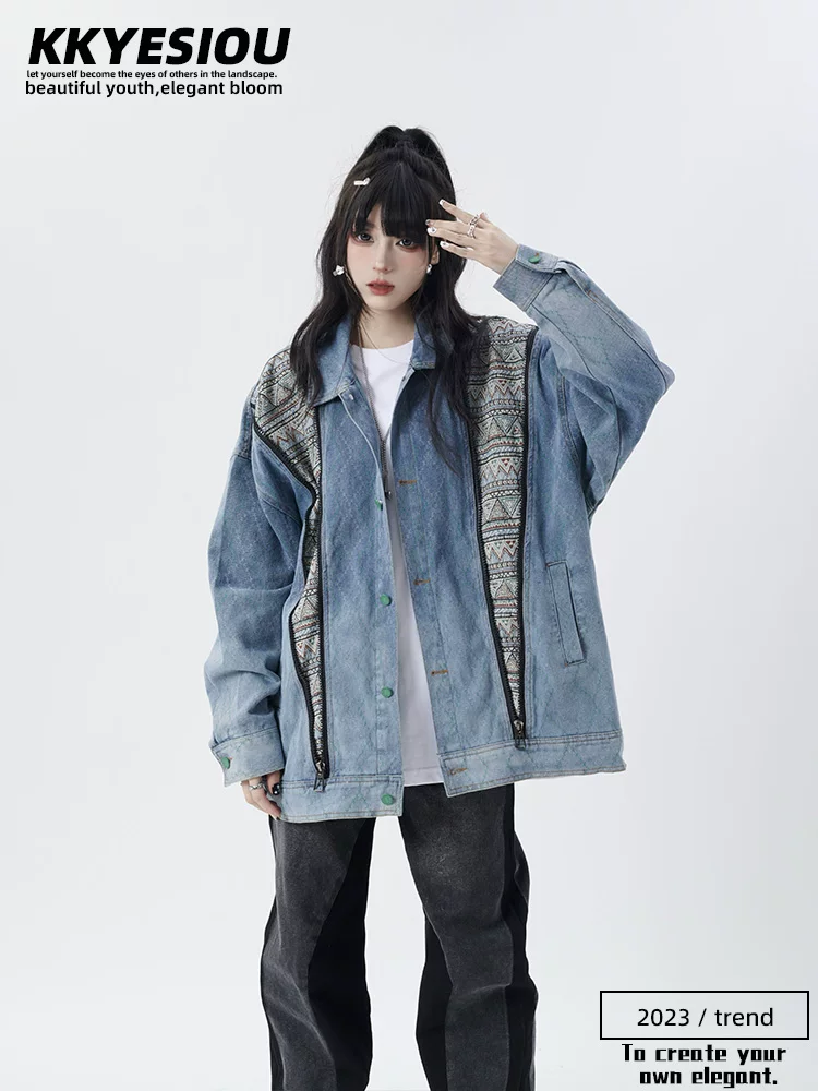 Áo khoác denim nam phong cách retro Mỹ, kiểu dáng dân tộc, phối nhiều chất liệu, kiểu dáng thường ngày, áo khoác denim đã qua xử lý làm cũ, kiểu áo khoác bóng chày cổ điển