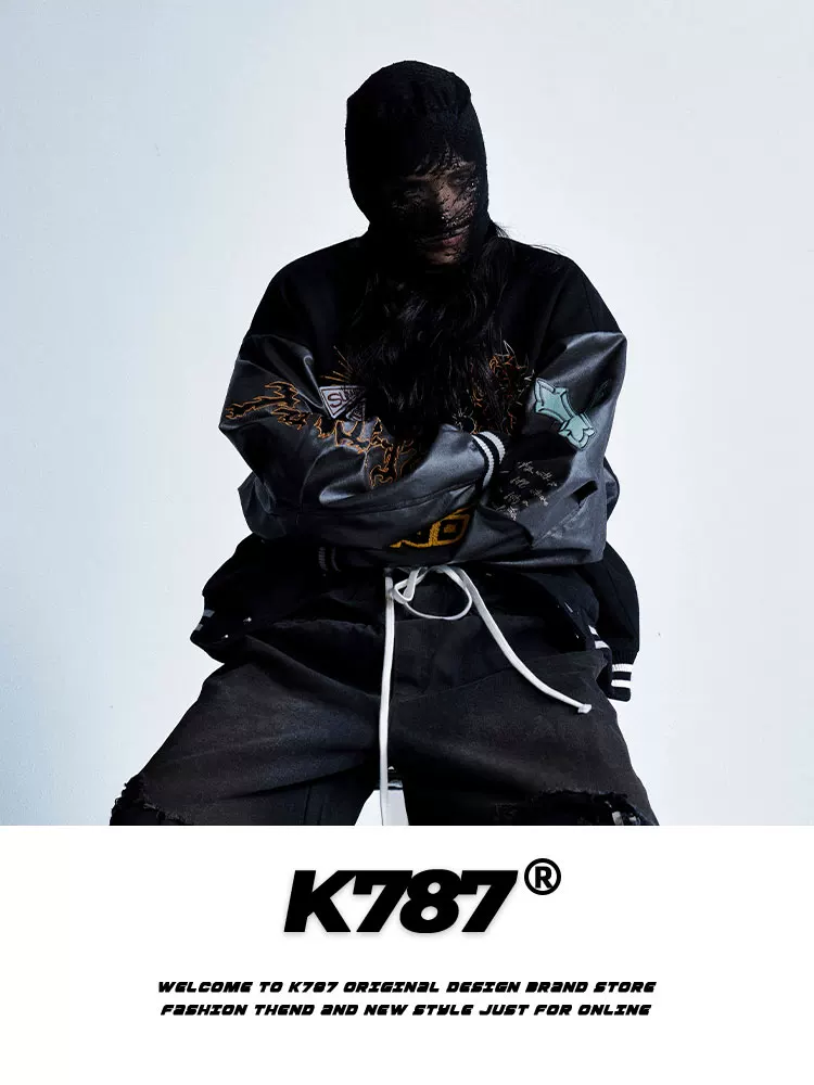 Áo khoác bomber unisex phong cách retro Mỹ, thêu nặng, phối vải, kiểu dáng thể thao, hip-hop, thời thượng.