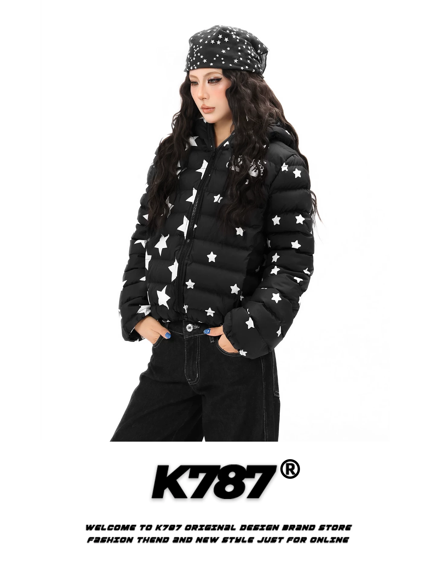 Áo khoác cotton có mũ trùm đầu kiểu Mỹ K787 in hình ngôi sao, chất liệu cotton dày dặn, ấm áp, kiểu dáng ngắn y2k dành cho nữ