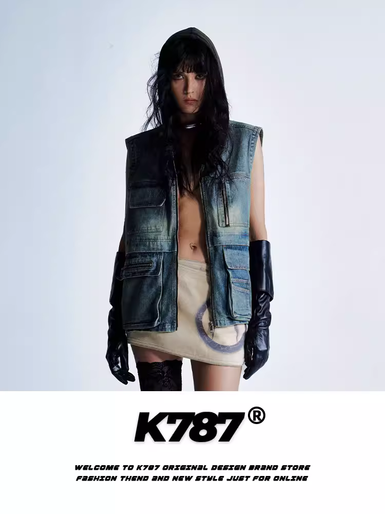 Áo khoác denim có mũ trùm đầu nhiều túi kiểu Mỹ cổ điển K787, unisex, thời trang, kiểu dáng nhiều lớp, áo khoác ngắn, phong cách công sở