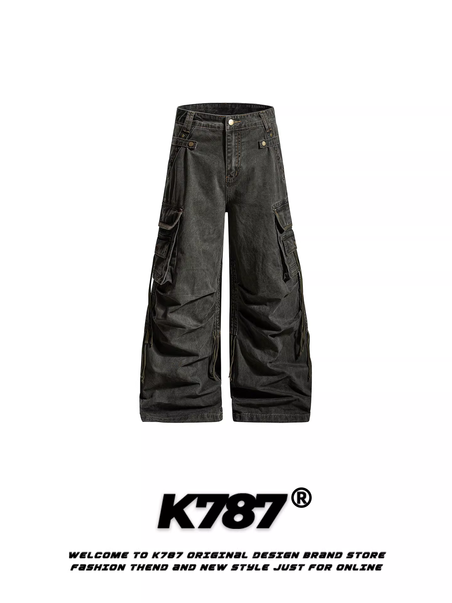 Quần cargo nhiều túi kiểu Mỹ cổ điển K787, unisex, thời trang đường phố, phong cách thoải mái, dáng rộng, dài chấm đất.