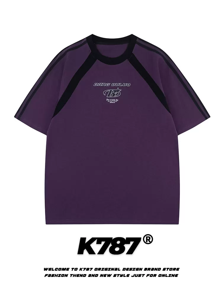 K787 Áo thun ngắn tay màu tím thể thao cổ điển kiểu Mỹ dành cho nam và nữ áo đôi dáng rộng đường phố cao cấp