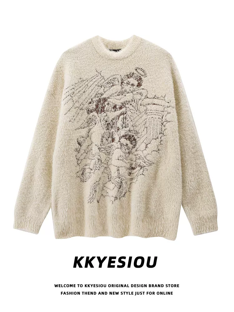Áo len cặp đôi phong cách retro Mỹ, kiểu preppy, chất liệu len dệt kim, dành cho nam và nữ, kiểu dáng vintage, họa tiết thiên thần.