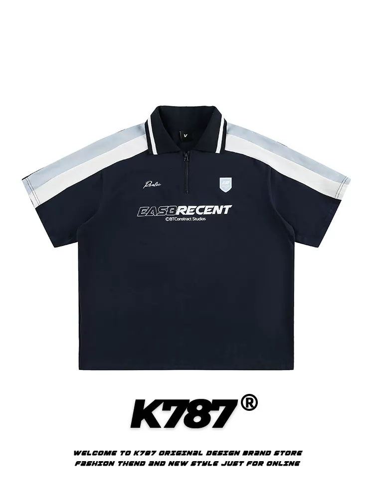 Áo sơ mi POLO phối sọc cổ điển kiểu Mỹ K787 dành cho nam và nữ, phong cách đại học đa năng, dáng rộng, cổ bẻ, áo thun ngắn tay.