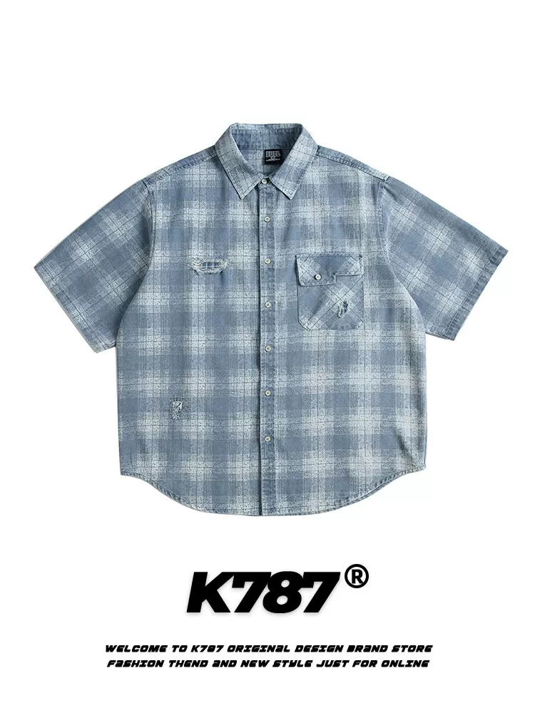 Áo sơ mi ngắn tay kiểu Mỹ cổ điển K787, họa tiết ca rô, phong cách casual, thiết kế rách cá tính, dành cho nam và nữ, kiểu dáng vintage, rộng rãi, đa năng, kiểu cardigan nửa tay.