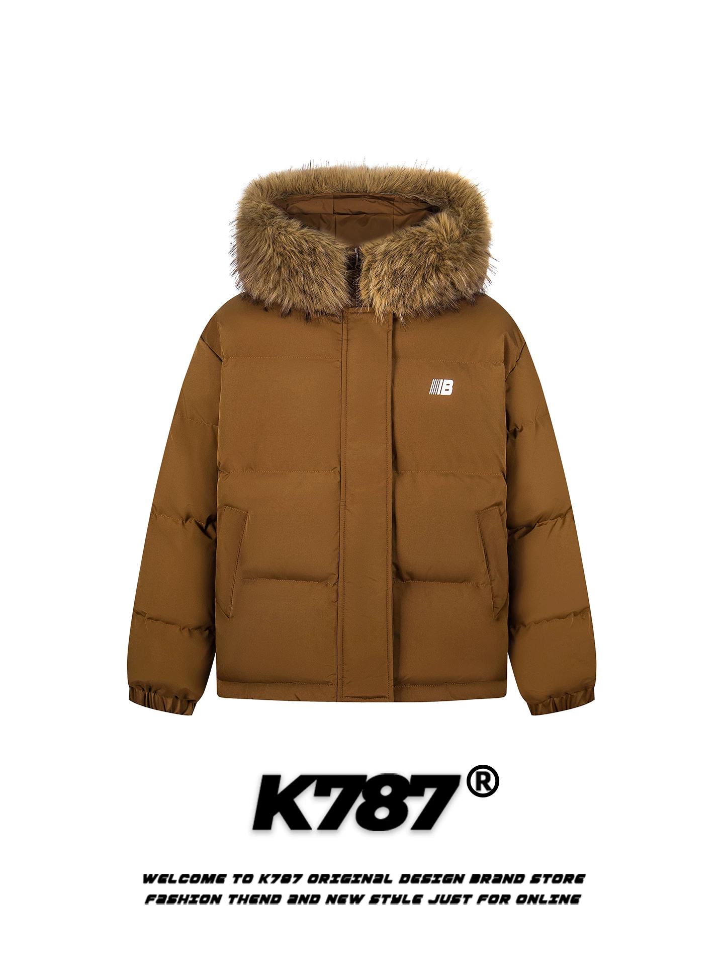 K787 Áo khoác cotton có mũ trùm đầu cổ lông lớn phong cách cổ điển kiểu Mỹ dành cho nam và nữ, dáng rộng, ấm áp, dày dặn, áo khoác cotton cặp đôi thương hiệu hợp thời trang dành cho mùa đông.