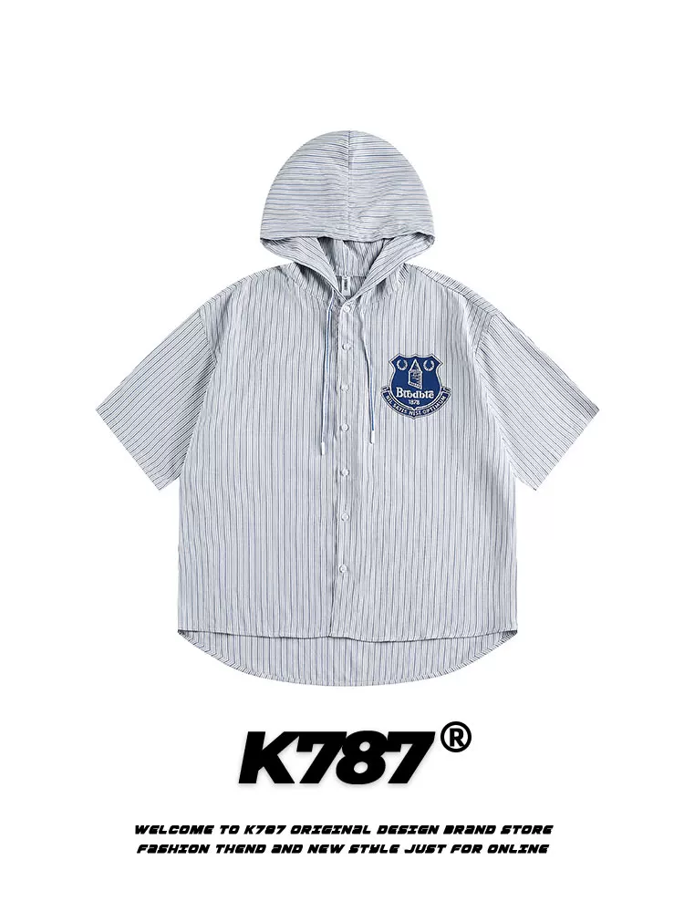 K787 Áo sơ mi ngắn tay có mũ trùm đầu phong cách đường phố Mỹ unisex phong cách đường phố đại học đa năng áo khoác cardigan thông thường mùa hè