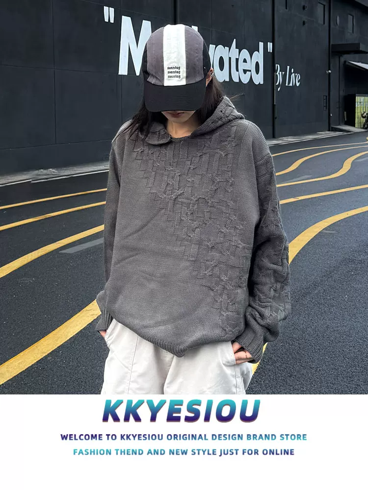 Áo len có mũ trùm đầu hình kim cương không đều kiểu dáng KKyesiou dành cho nam và nữ, áo len dệt kim đa năng phong cách giản dị.