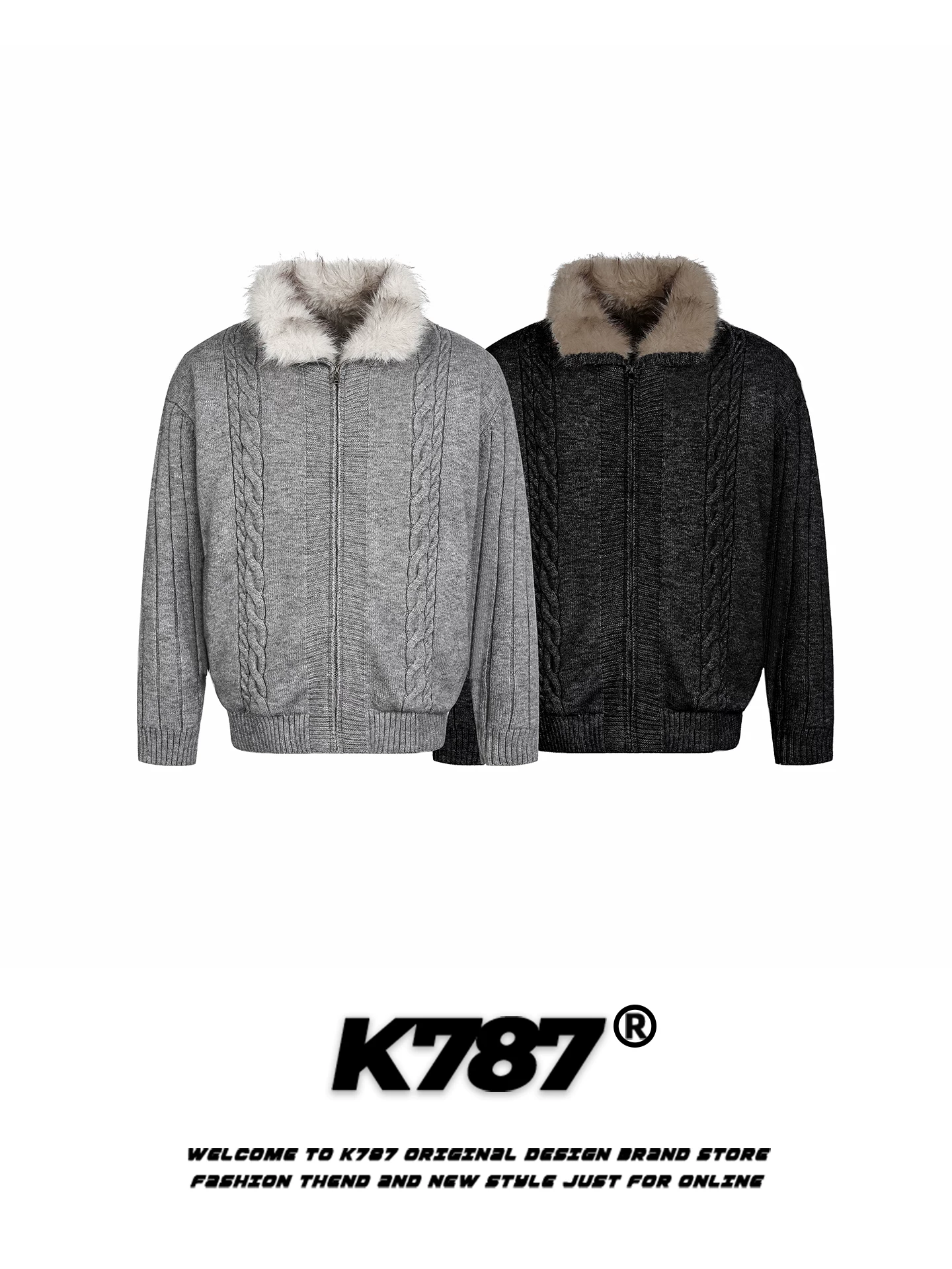 Áo len có khóa kéo cổ lông kiểu dáng cổ điển Mỹ K787 dành cho nam và nữ, áo khoác dệt kim dày dặn, ấm áp, kiểu dáng rộng rãi, thoải mái