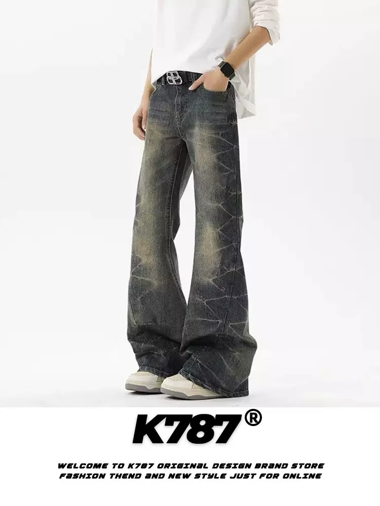 Quần jeans unisex dáng thẳng lưng cao, chất liệu denim xước kiểu retro Mỹ K787, kiểu dáng rộng rãi, phong cách thường ngày