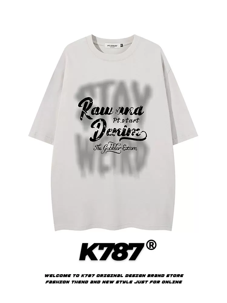 Áo thun ngắn tay K787 kiểu Mỹ cổ điển, họa tiết graffiti chữ cái, dành cho nam và nữ, kiểu dáng rộng rãi, thời trang đường phố, áo đôi đa năng