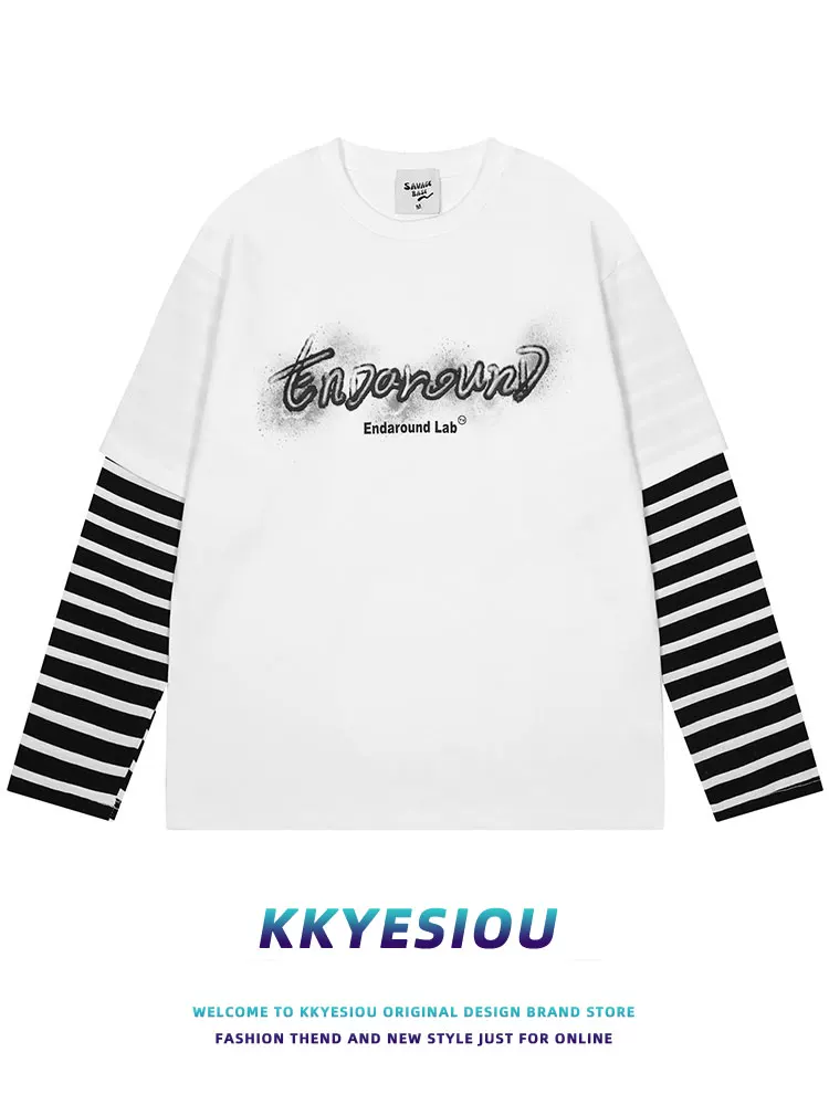 KKyesiou Áo thể thao giả hai mảnh kiểu Nhật Bản giản dị sọc thể thao unisex giản dị phong cách đại học Áo thun dài tay dành cho cặp đôi