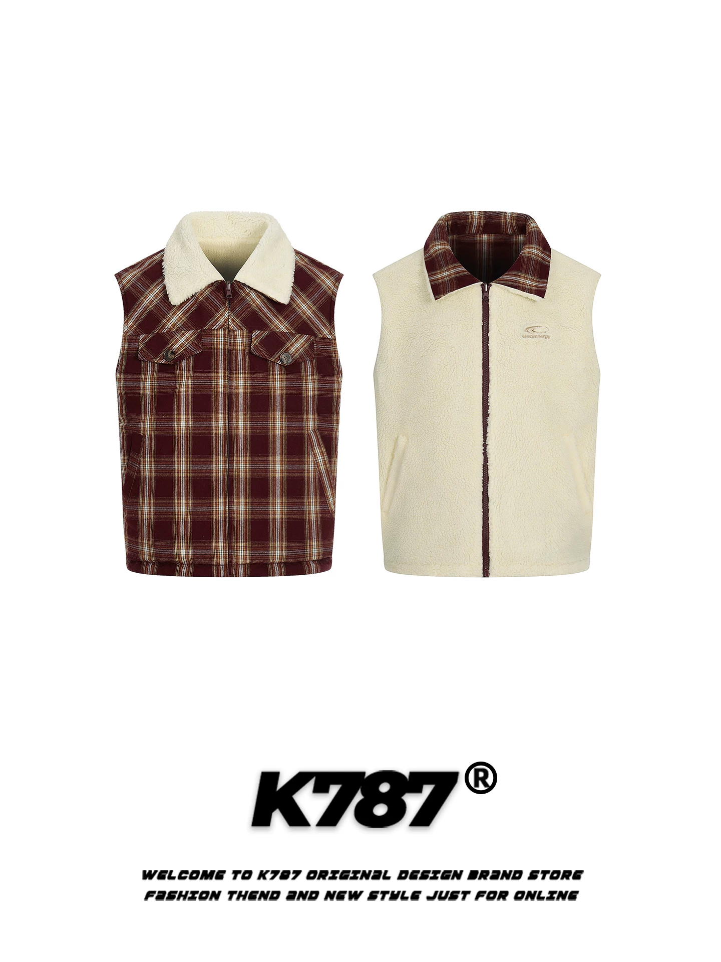 Áo gile len cừu kẻ caro retro Mỹ K787, có thể mặc hai mặt, dành cho nam và nữ, kiểu dáng rộng rãi, hợp thời trang, giữ ấm, mặc nhiều lớp