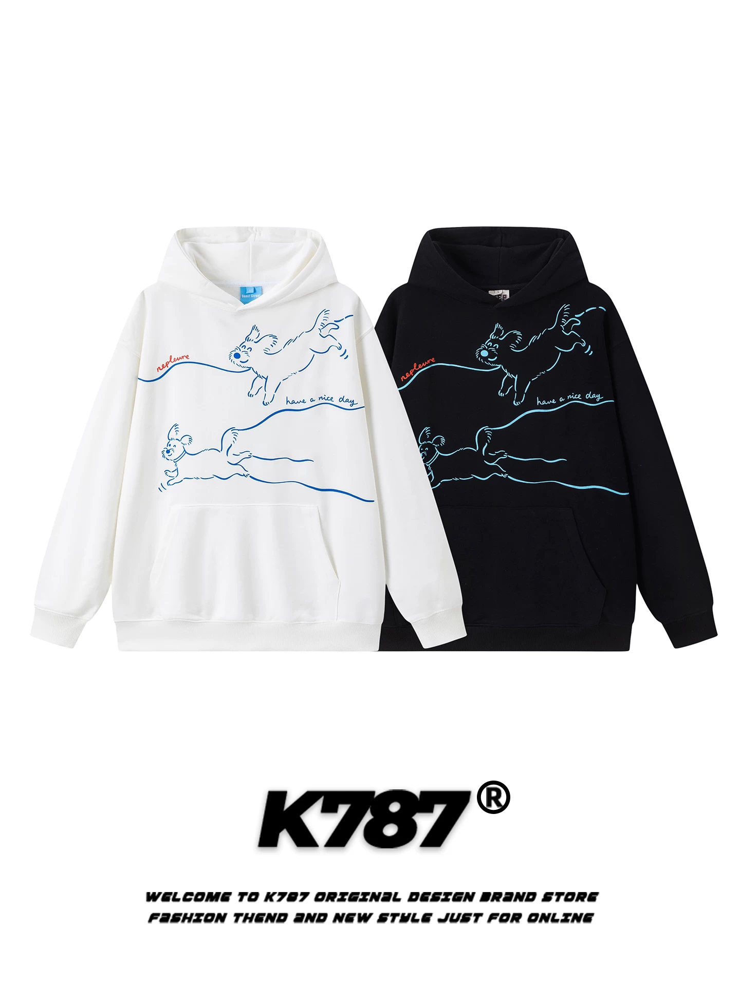 Áo hoodie chó vẽ tay phong cách retro Mỹ K787 dành cho nam, kiểu dáng rộng rãi, phong cách sinh viên, áo khoác cặp đôi đi làm