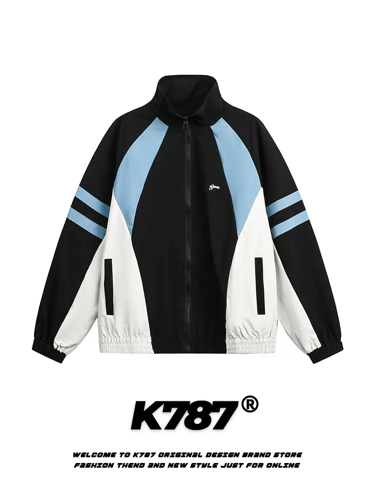 Áo khoác bomber unisex kiểu Mỹ cổ đứng phối màu phong cách retro, chất liệu vải ghép, dáng rộng, phong cách thường ngày, mùa thu
