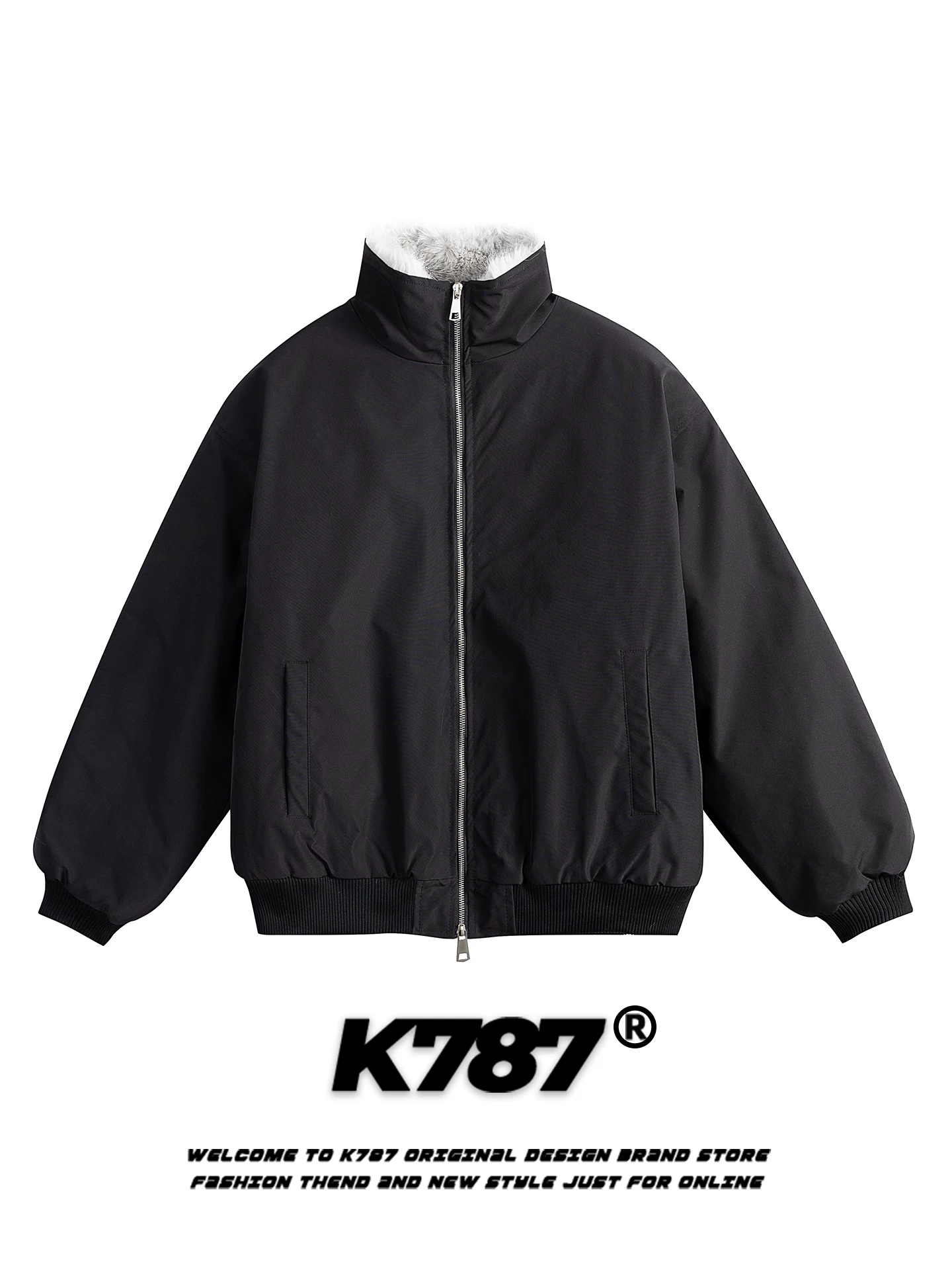 Áo khoác cotton cổ đứng dày dặn kiểu Mỹ cổ điển K787 dành cho nam và nữ, thiết kế màu trơn, dáng rộng, áo khoác cotton đôi.