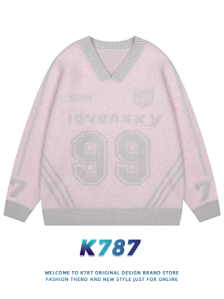 Áo len thể thao phối màu hồng đen kiểu Mỹ cổ điển K787 dành cho nam và nữ, áo len cổ V phong cách blockcore dành cho cặp đôi