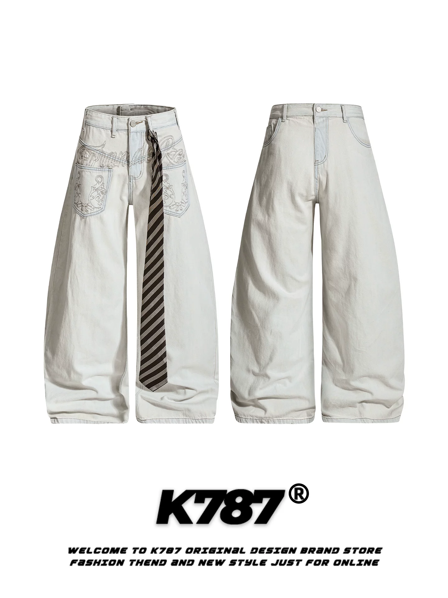 Quần ống rộng cạp cao unisex phong cách đường phố thời thượng, kiểu dáng thêu retro Mỹ, họa tiết sọc, thiết kế phá cách, kiểu dáng dao, mã K787