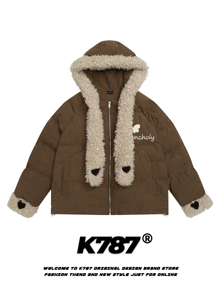 Áo khoác cotton dày dặn phong cách retro Mỹ K787, có cổ lông, áo khoác cotton có mũ trùm đầu thêu hình trái tim dễ thương, unisex, kèm khăn quàng cổ