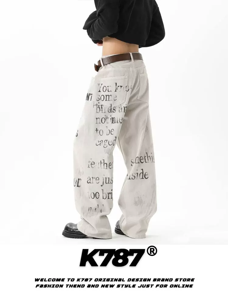 Quần jeans unisex K787 kiểu Mỹ cổ điển, giặt mài, rách, in chữ, phong cách hip-hop, dáng thẳng, mặc thường ngày