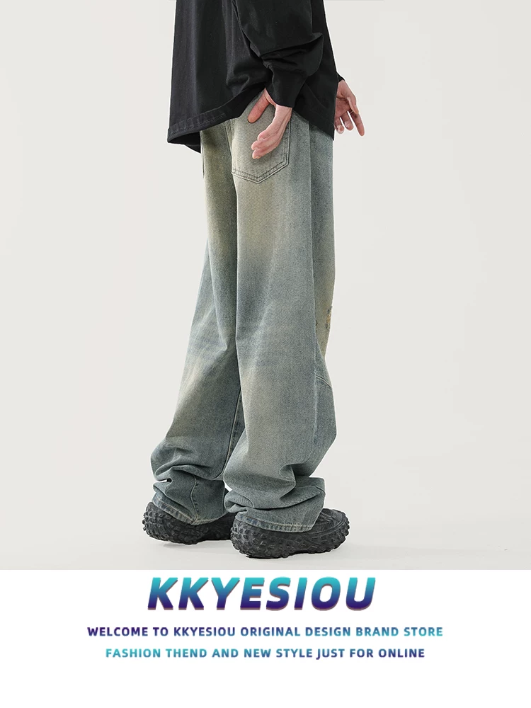 Quần ống rộng unisex phong cách retro Mỹ, chất liệu washed, kiểu dáng xu hướng đường phố, dáng thẳng, size lớn