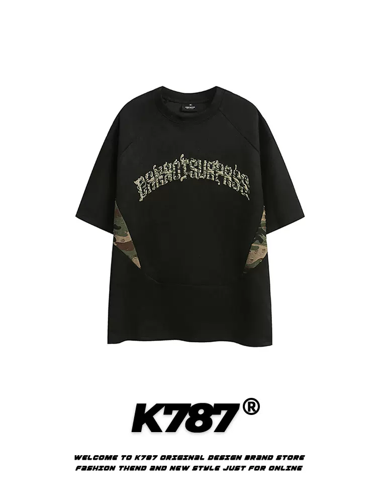 K787 Áo thun ngắn tay phong cách retro Mỹ, phối họa tiết rằn ri thêu, kiểu dáng unisex, rộng rãi, phong cách công sở, tay lửng