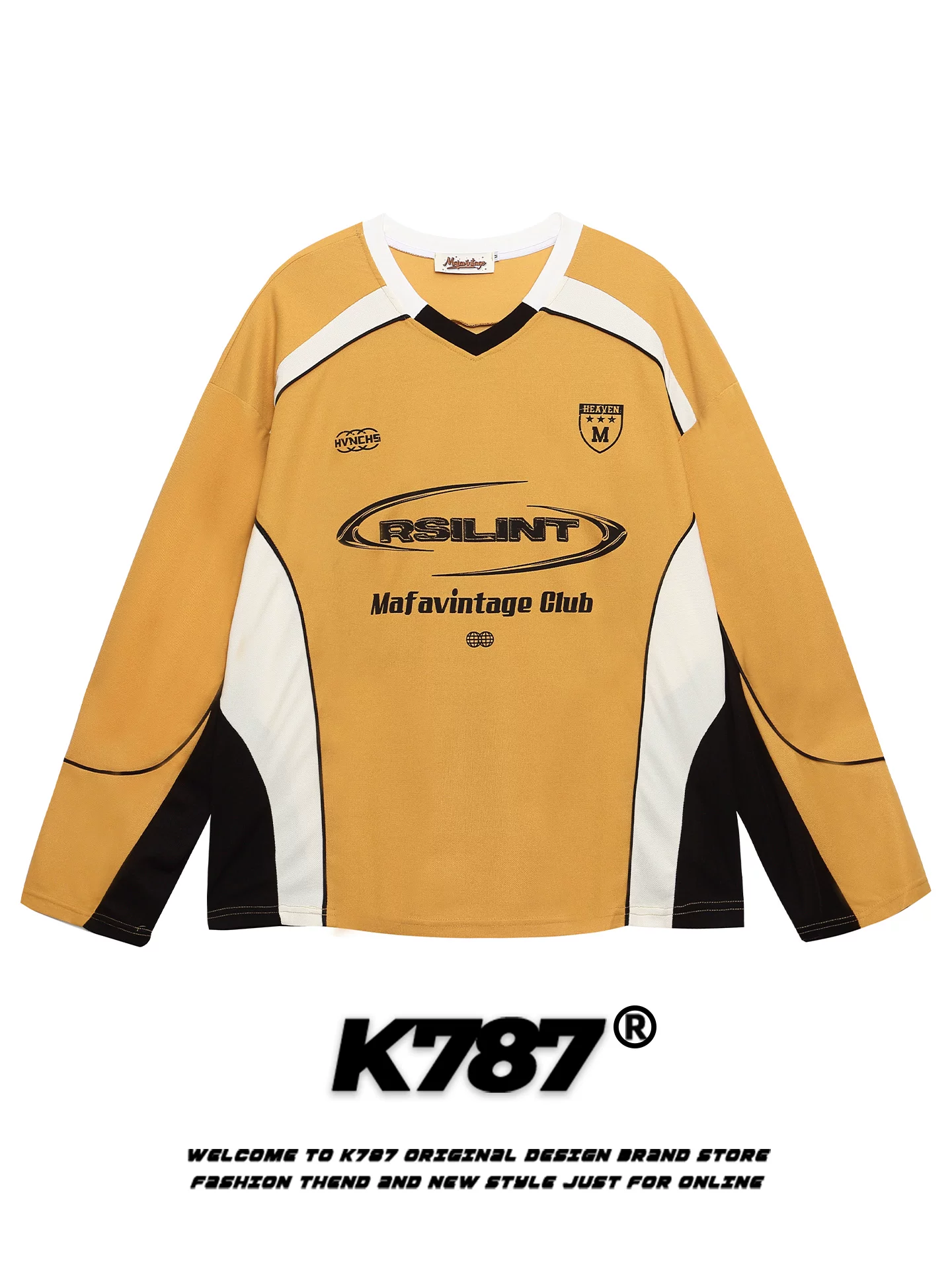 K787 Áo thun dài tay cổ chữ V phối màu theo phong cách retro của Mỹ unisex phong cách thể thao jersey in chữ áo dáng rộng