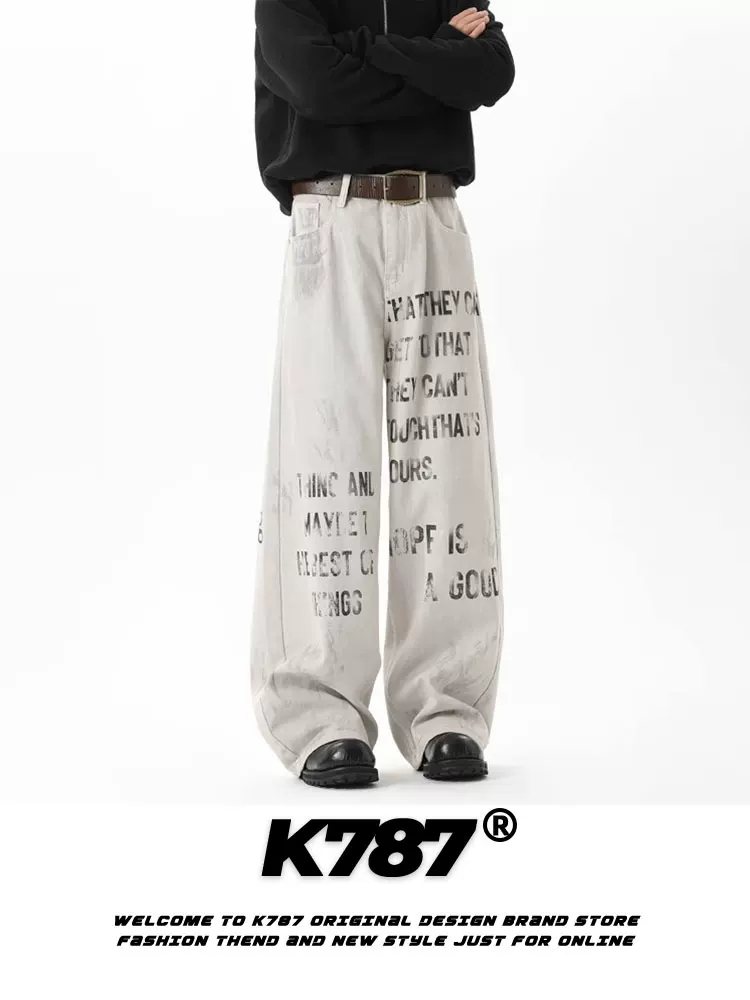Quần jeans unisex K787 kiểu Mỹ cổ điển, giặt mài, rách, in chữ, phong cách hip-hop, dáng thẳng, mặc thường ngày