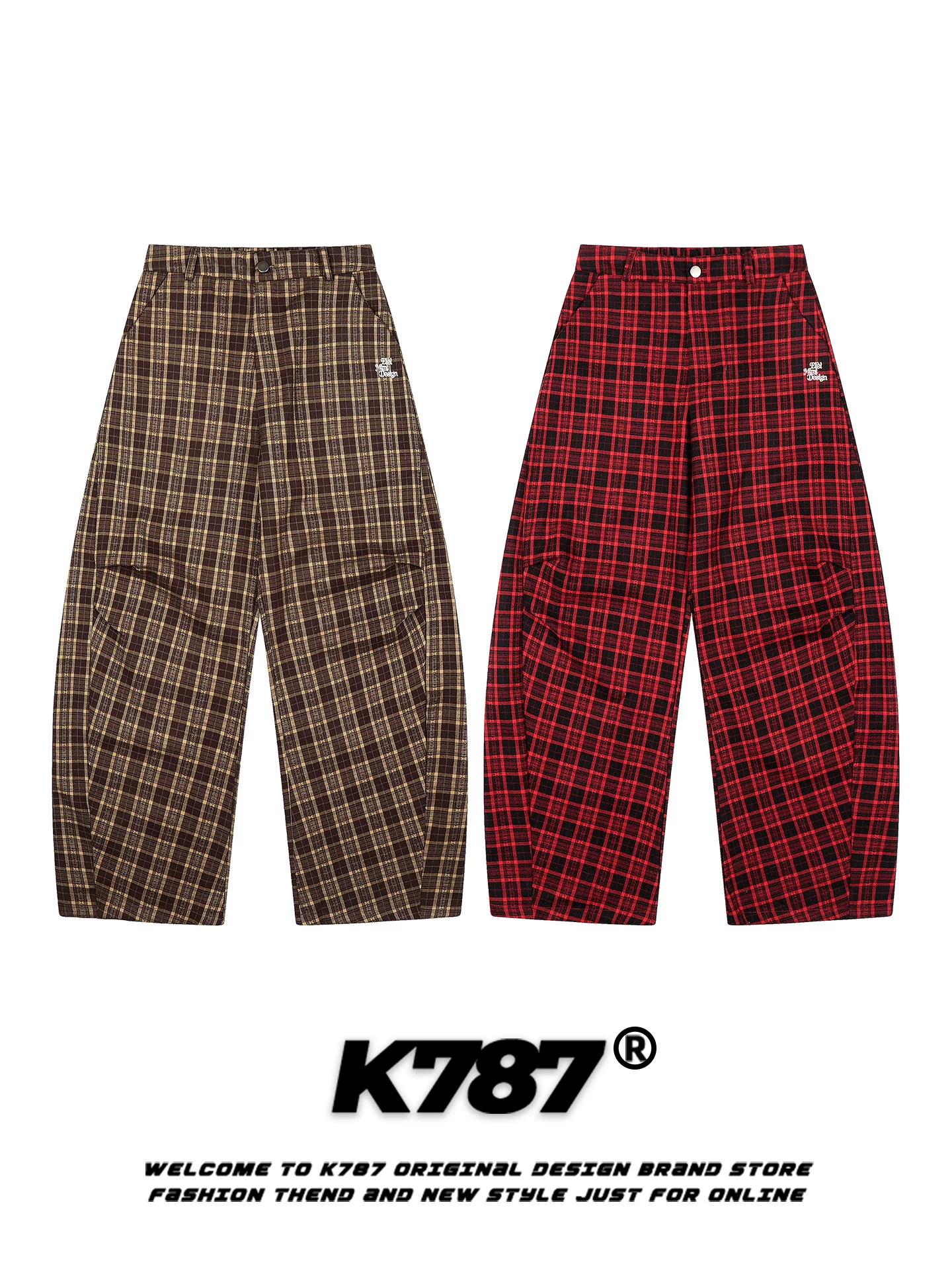 Quần âu kiểu Mỹ K787 phối màu retro, họa tiết ca rô, unisex, dáng rộng, xếp ly, phong cách đường phố, cạp cao, màu đỏ, ống rộng
