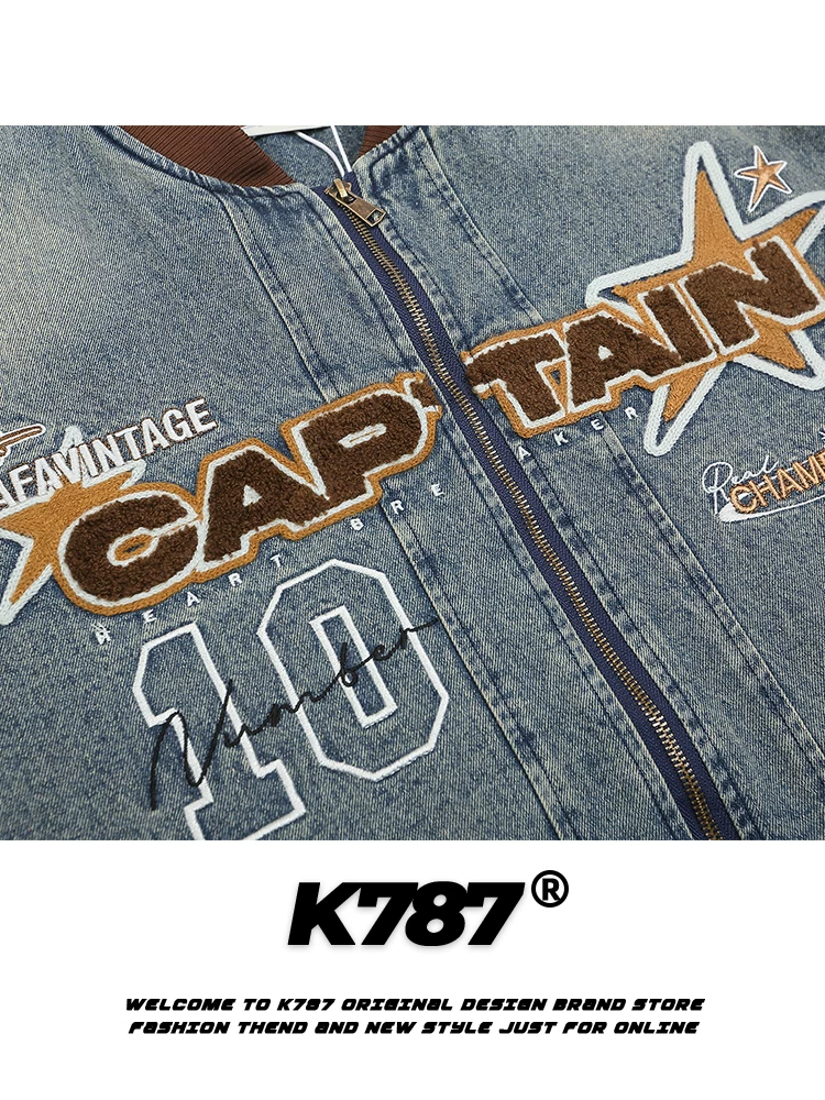 Áo khoác denim kiểu biker thêu retro Mỹ K787 dành cho nam và nữ, áo khoác dày bông mùa đông phong cách đại học.