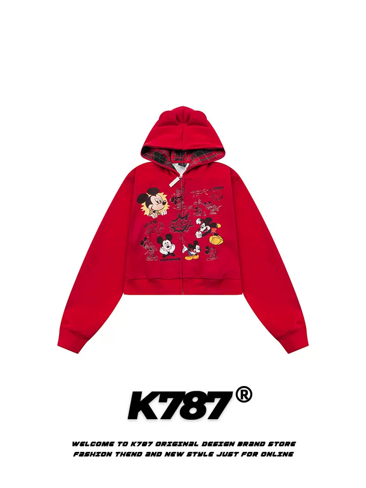 K787 khí quyển phim hoạt hình cổ điển Mỹ vui nhộn áo hoodie có mũ trùm đầu unisex dây kéo áo khoác màu đỏ trang phục cặp đôi phong cách ngắn