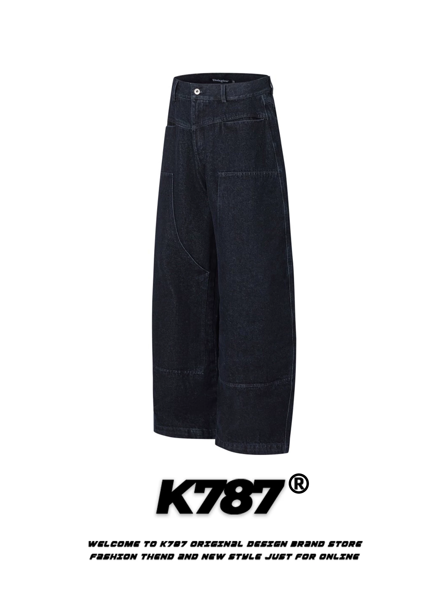 Quần jeans kiểu dáng đường phố Mỹ K787, thiết kế deconstructed, kiểu dáng scimitar, dành cho nam và nữ, đường may nổi bật, quần ống rộng lưng cao, phong cách thoải mái.