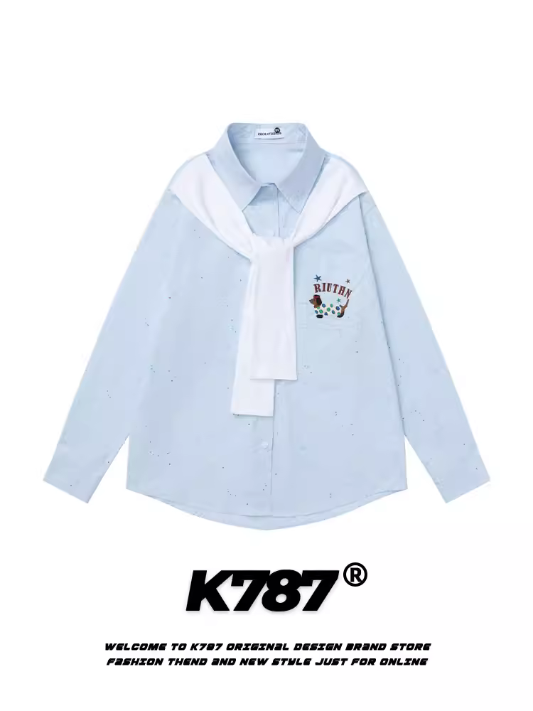 K787 Áo sơ mi dài tay thêu họa tiết chấm bi phong cách retro Mỹ unisex khăn choàng phong cách đại học áo khoác cặp đôi giản dị