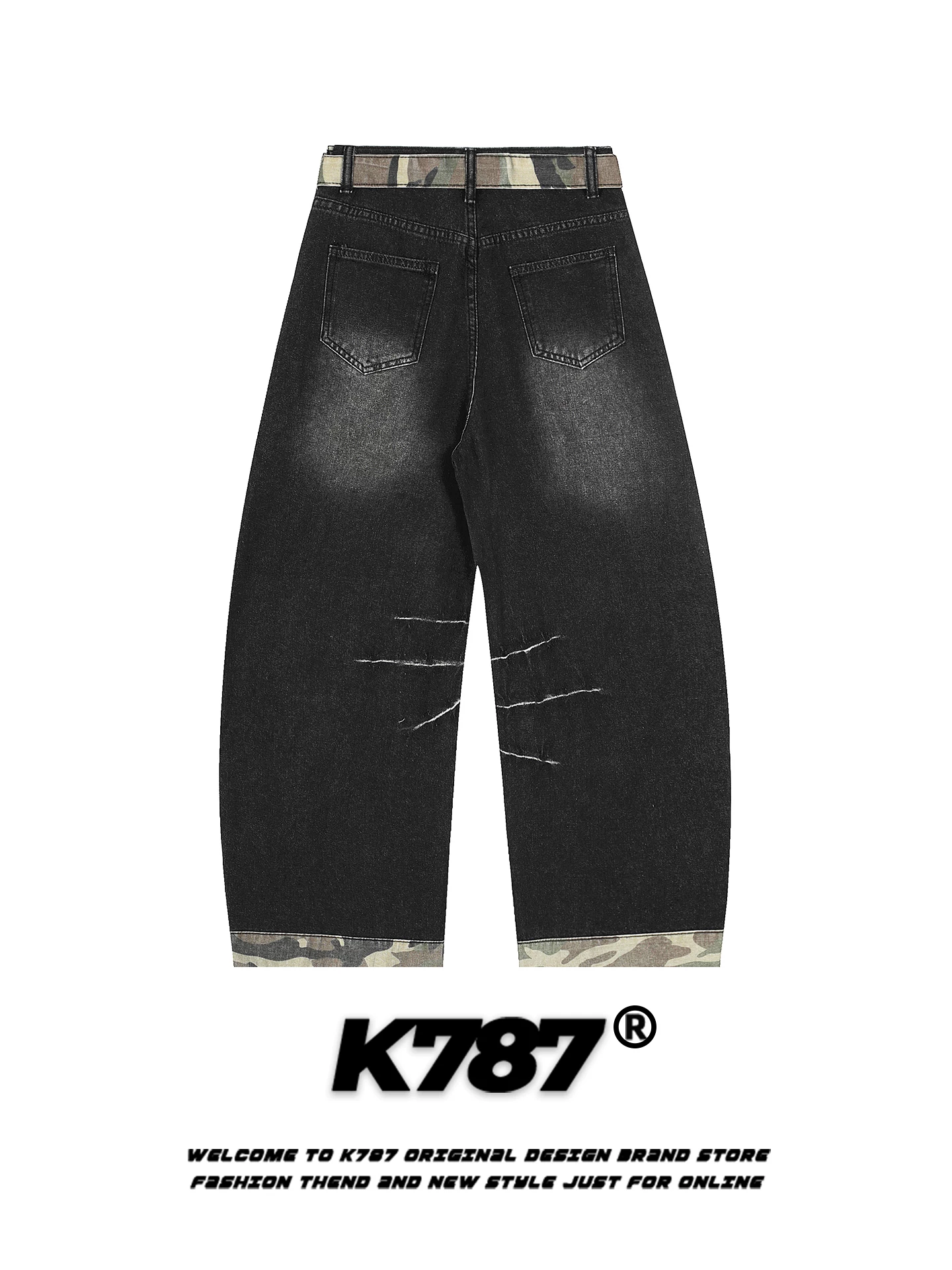Quần jeans unisex dáng rộng, cạp cao, phong cách retro Mỹ, họa tiết phối màu rằn ri, kiểu dáng xù xì, xu hướng quốc dân, K787