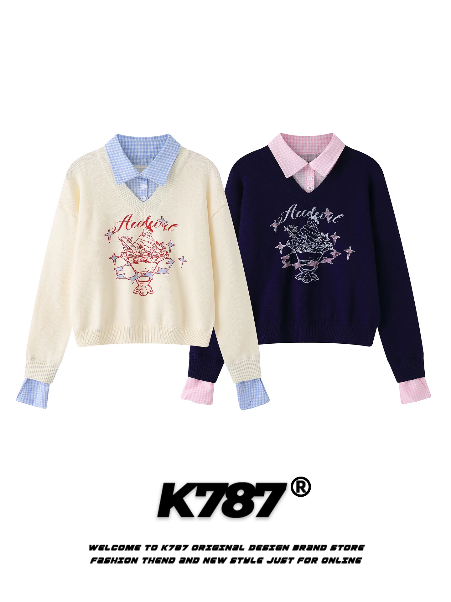 Áo len nữ kiểu Nhật K787, phối họa tiết caro ngọt ngào và cay cay, dáng rộng, phong cách dễ thương, kiểu giả hai mảnh, chất liệu len ngắn