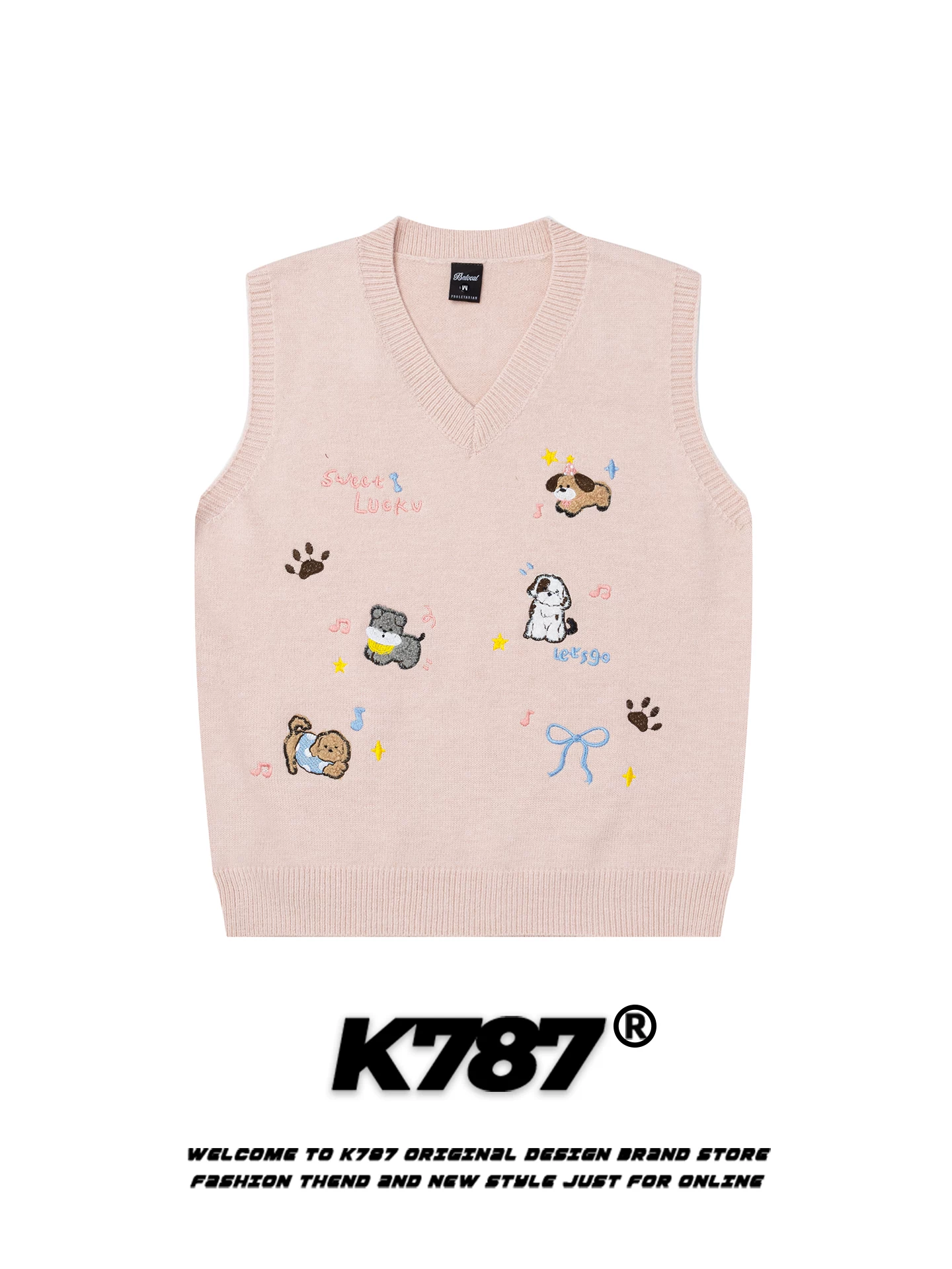 K787 Áo vest cổ chữ V thêu hình động vật hoạt hình phong cách ngọt ngào của Mỹ dành cho nam và nữ, áo len dệt kim dáng rộng phong cách đại học.