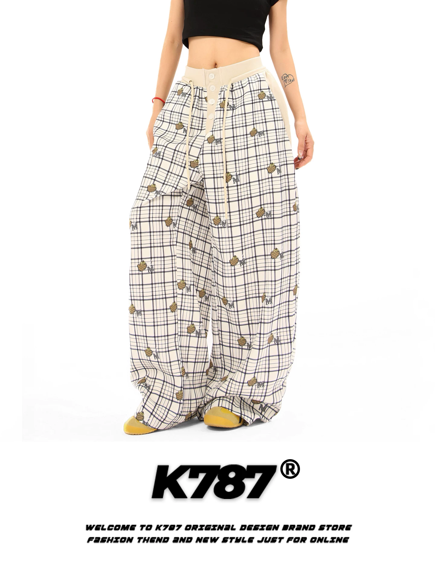Quần nữ K787 kiểu Mỹ, chất liệu cotton, họa tiết sọc, dáng rộng, cạp chun, cạp cao, ống rộng, dài chấm đất.