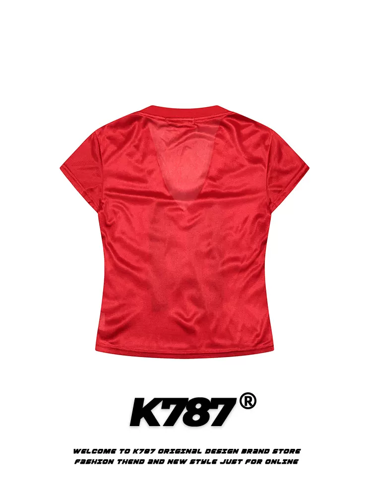 Áo thun nữ tay ngắn cổ chữ V in họa tiết retro kiểu Mỹ K787, phong cách hot girl, áo ngắn màu đỏ ôm eo.
