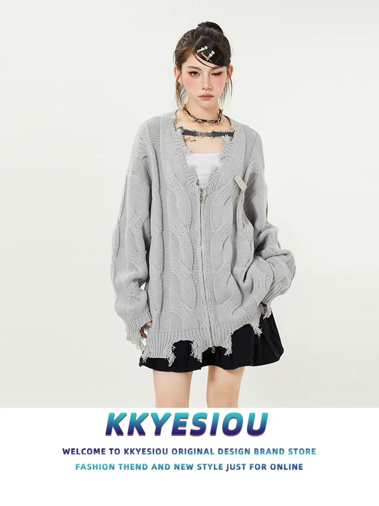 Áo len nữ K787 kiểu Mỹ cổ điển, màu xám xước, dáng rộng, phong cách lười biếng, chất liệu dệt kim dày, có khóa kéo.