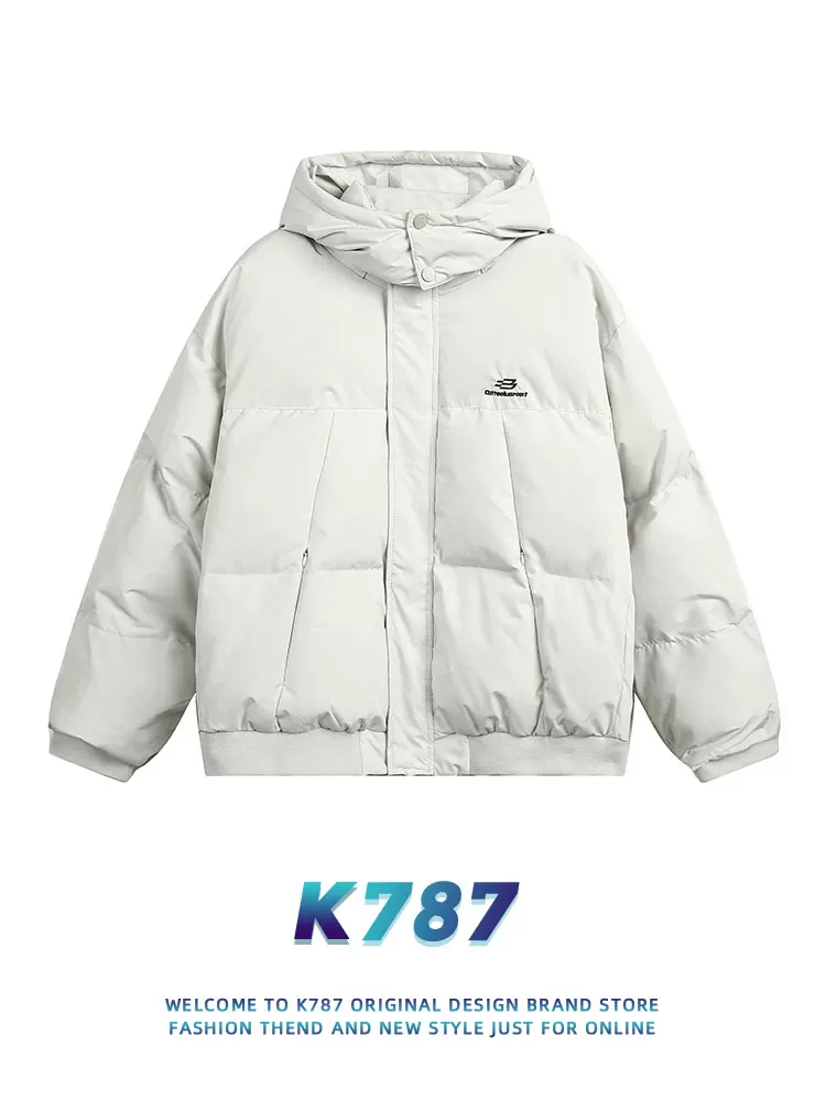 Áo khoác cotton dày dặn cổ đứng có mũ trùm đầu kiểu Mỹ cổ điển K787 mùa đông 2024 dành cho nam và nữ, áo khoác cotton cặp màu trơn theo xu hướng quốc gia.